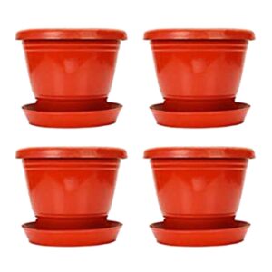 Red plant pots with tray and drainage holes (pack of 4)